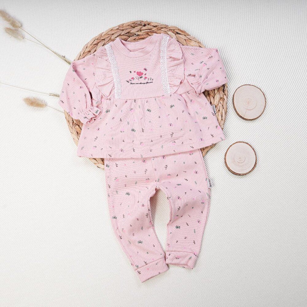 Ribbed Cotton Baby Girl Tunic Set - Flowers PINK